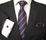 Blue Red Gold Stripes Designer Silk Floral Necktie with Matching Cufflinks & Pocket Square Set for Men - Celino Corp.