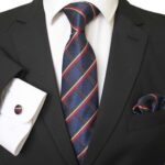 Blue Red Gold Stripes Designer Silk Floral Necktie with Matching Cufflinks & Pocket Square Set for Men - Celino Corp.