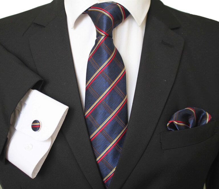 Blue Red Gold Stripes Designer Silk Floral Necktie with Matching Cufflinks & Pocket Square Set for Men - Celino Corp.
