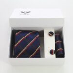 Blue Red Gold Stripes Designer Silk Floral Necktie with Matching Cufflinks & Pocket Square Set for Men - Celino Corp.