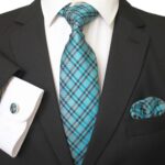 Turquoise Blue And Black Plaid Designer Silk Floral Necktie with Matching Cufflinks & Pocket Square Set for Men
