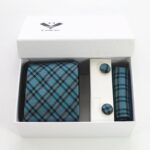 Turquoise Blue And Black Plaid Designer Silk Floral Necktie with Matching Cufflinks & Pocket Square Set for Men - Image 3