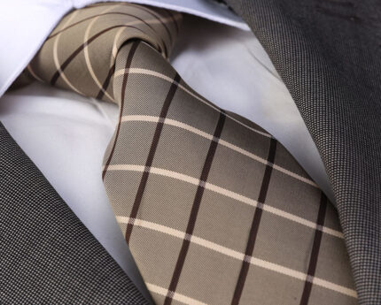 Beige Checkers Designer Silk Floral Necktie with Matching Cufflinks & Pocket Square Set for Men - Celino Corp.