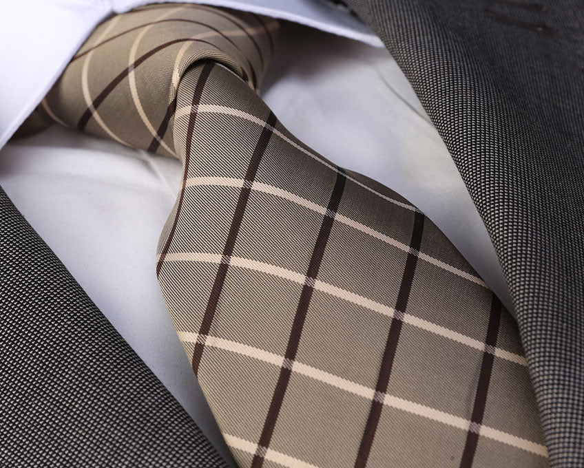 Beige Checkers Designer Silk Floral Necktie with Matching Cufflinks & Pocket Square Set for Men - Celino Corp.