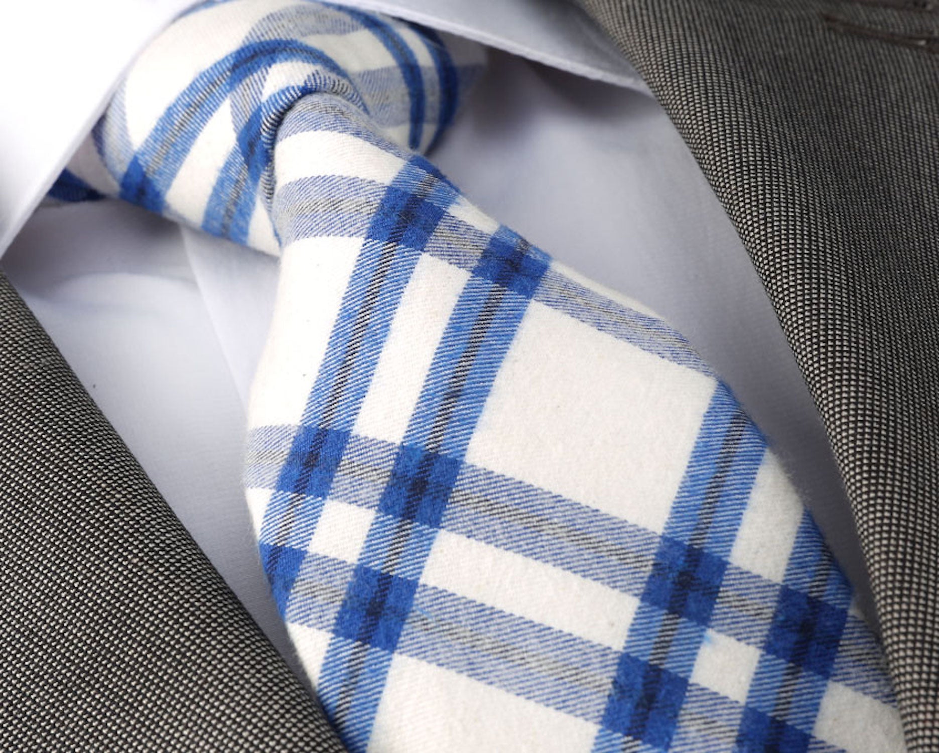 CET049 Blue And White Checkers Designer Silk Floral Necktie with Matching Cufflinks & Pocket Square Set for Men - Image 1