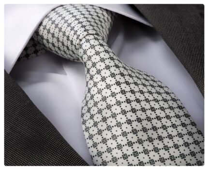 White Doted Checkers Designer Silk Floral Necktie with Matching Cufflinks & Pocket Square Set for Men