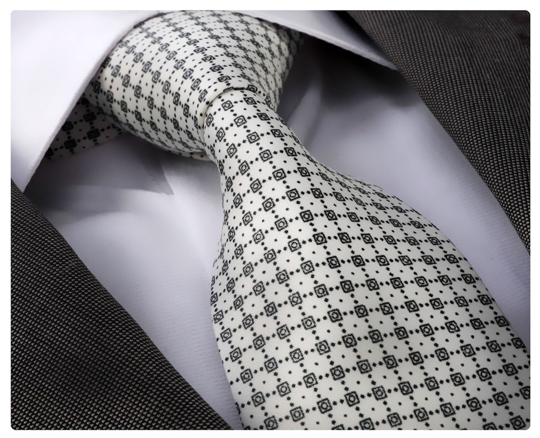 CET066 White Doted Checkers Designer Silk Floral Necktie with Matching Cufflinks & Pocket Square Set for Men - Image 1