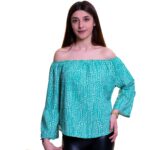Green & White Long Sleeve Off the Shoulder Blouse for Women - Going Out Tops for Ladies - Celino Corp.