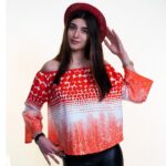 Orange & White Long Sleeve Off the Shoulder Blouse for Women - Going Out Tops for Ladies - Celino Corp.