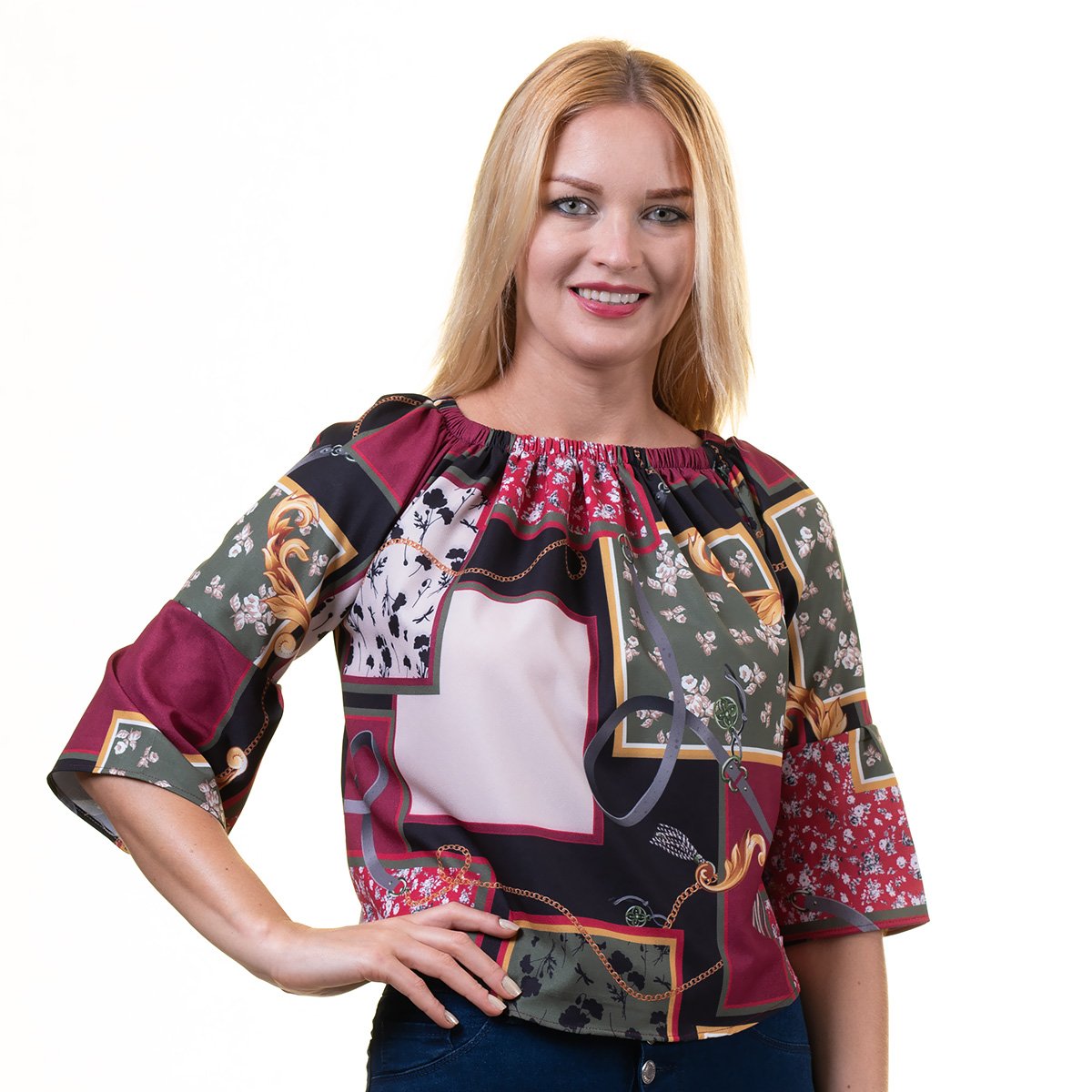 CEWM0150 Carmine Multicolor Long Sleeve Off the Shoulder Blouse for Women - Going Out Textured Tops for - Celino Corp.