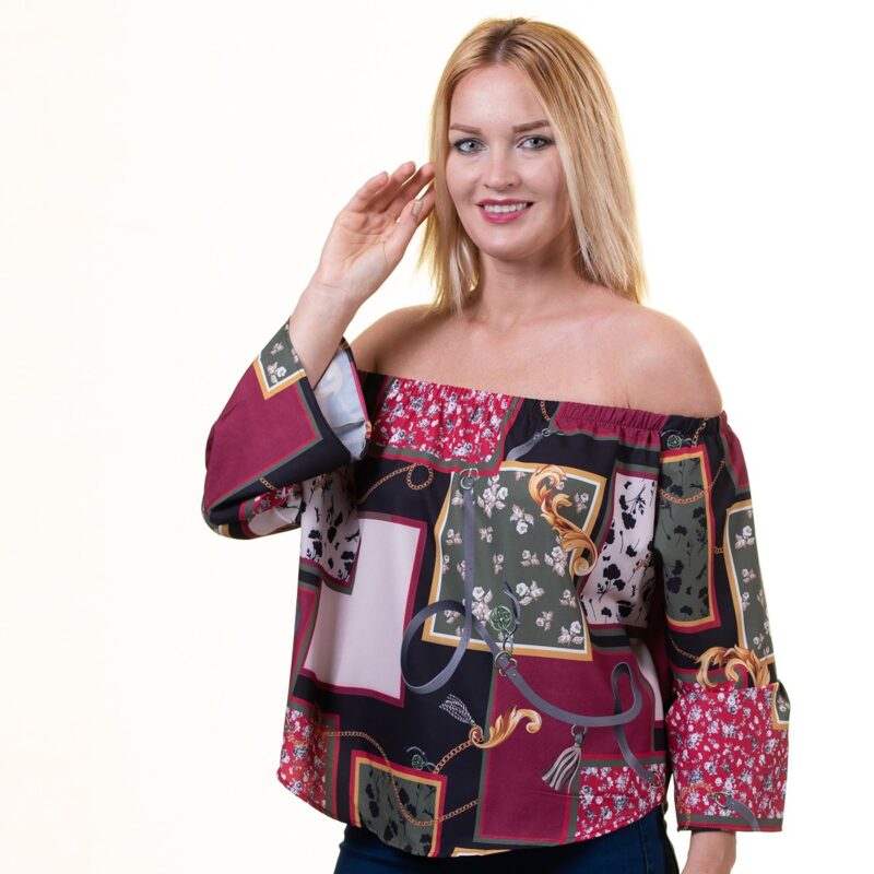 Carmine Multicolor Long Sleeve Off the Shoulder Blouse for Women - Going Out Textured Tops for - Celino Corp.
