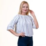 White With Blue Lines Long Sleeve Off the Shoulder Blouse for Women - Going Out Tops for Ladies - Celino Corp.