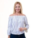 White With Blue Lines Long Sleeve Off the Shoulder Blouse for Women - Going Out Tops for Ladies - Celino Corp.