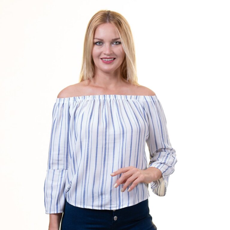 White With Blue Lines Long Sleeve Off the Shoulder Blouse for Women - Going Out Tops for Ladies - Celino Corp.