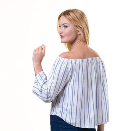 White With Blue Lines Long Sleeve Off the Shoulder Blouse for Women - Going Out Tops for Ladies - Celino Corp.
