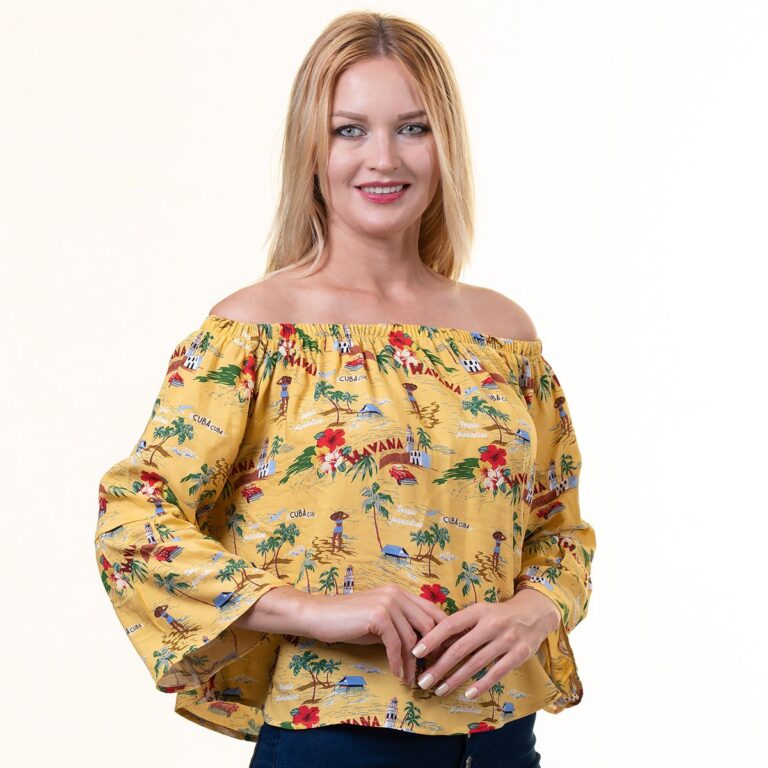Yellow With Village Texture Long Sleeve Off the Shoulder Blouse for Women - Going Out Tops for - Celino Corp.
