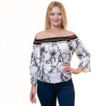 White With Multicolor Long Sleeve Off the Shoulder Blouse for Women - Going Out Tops for Ladies - Celino Corp.