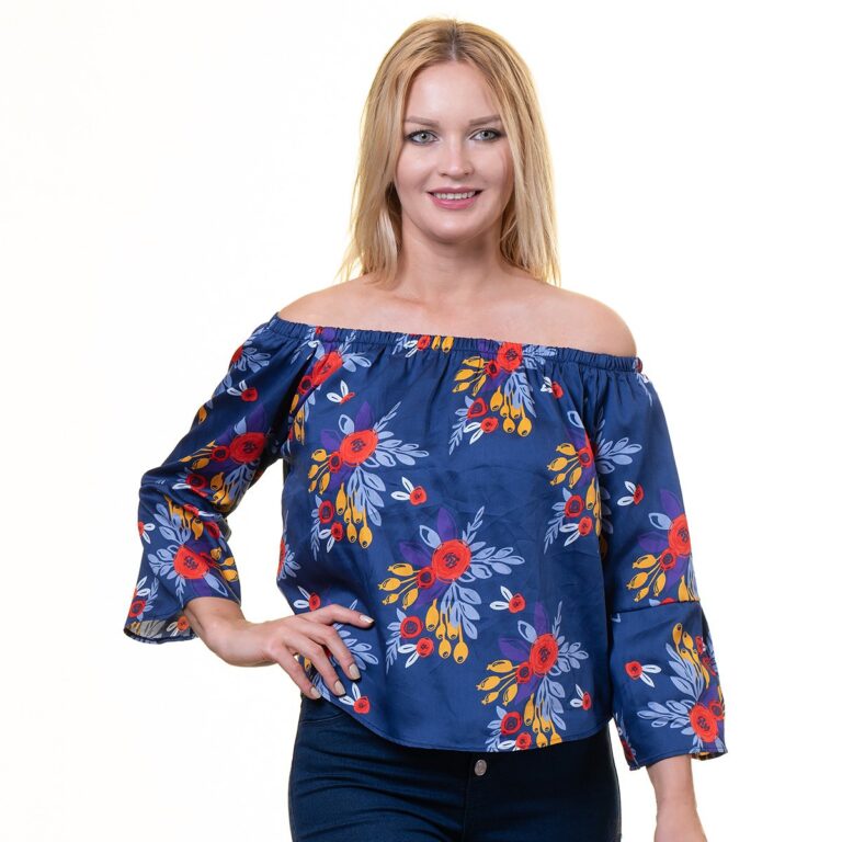 Navy Blue Multicolor Long Sleeve Off the Shoulder Blouse for Women - Going Out Flower Patterned Tops - Celino Corp.