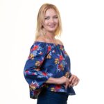 Navy Blue Multicolor Long Sleeve Off the Shoulder Blouse for Women - Going Out Flower Patterned Tops - Celino Corp.