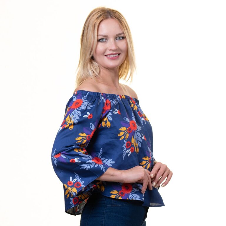 Navy Blue Multicolor Long Sleeve Off the Shoulder Blouse for Women - Going Out Flower Patterned Tops - Celino Corp.