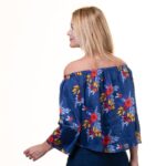 Navy Blue Multicolor Long Sleeve Off the Shoulder Blouse for Women - Going Out Flower Patterned Tops - Celino Corp.