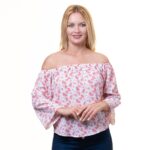 White With Pink Long Sleeve Off the Shoulder Blouse for Women - Going Out Pattern Tops for Ladies - Celino Corp.