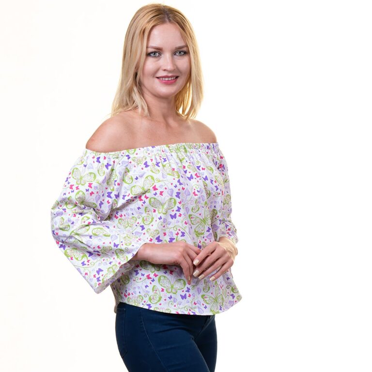 White Multicolor Long Sleeve Off the Shoulder Blouse for Women - Going Out Butterfly Tops for Ladies - Celino Corp.