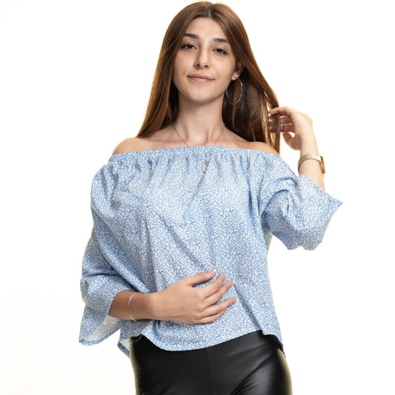 Light Blue & White Long Sleeve Off the Shoulder Blouse for Women - Going Out Tops for Ladies - Celino Corp.