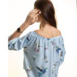 Light Blue Long Sleeve Off the Shoulder Blouse for Women - Going Out Tops for Ladies - Celino Corp.
