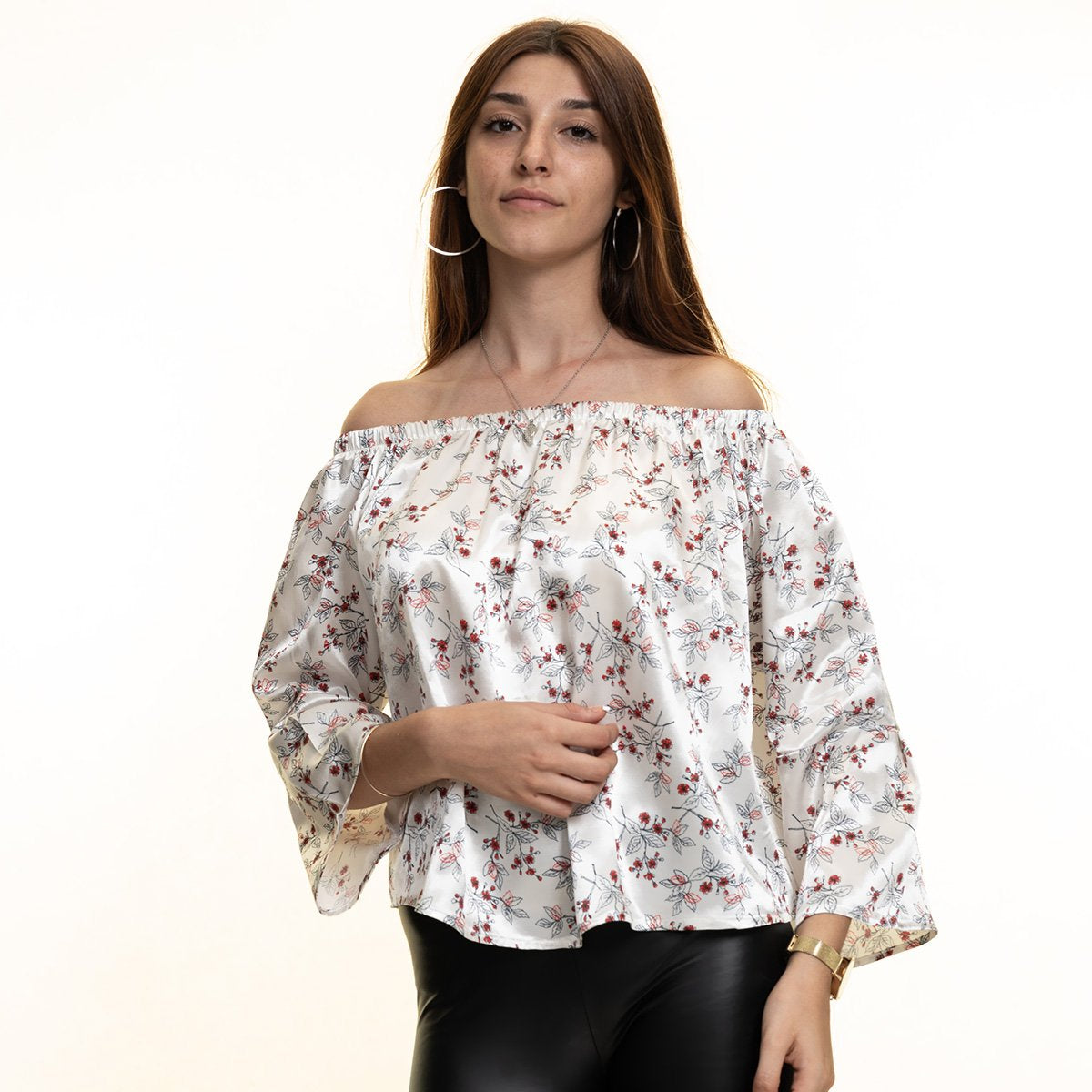 CEWM0197_1 White Red Long Sleeve Off the Shoulder Blouse for Women - Going Out Floral Tops for Ladies - Celino Corp.