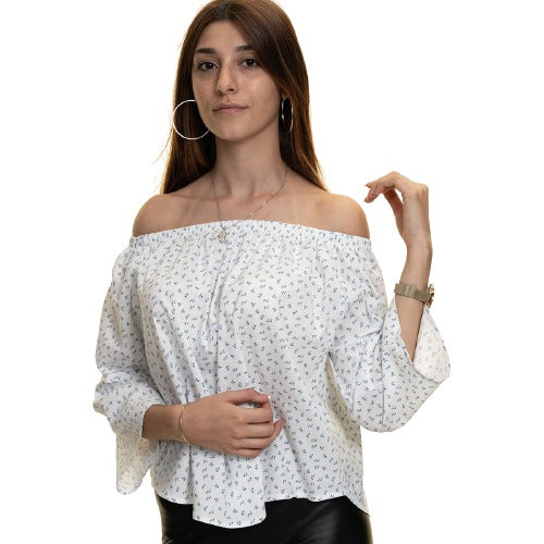 White & Blue Long Sleeve Off the Shoulder Blouse for Women - Going Out Tops for Ladies - Celino Corp.