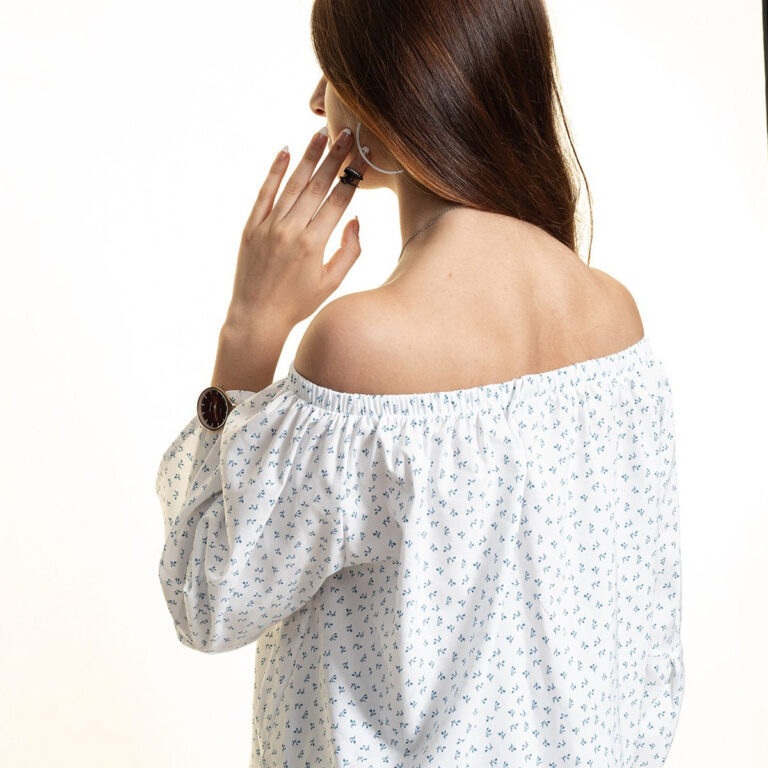 White & Blue Long Sleeve Off the Shoulder Blouse for Women - Going Out Tops for Ladies - Celino Corp.