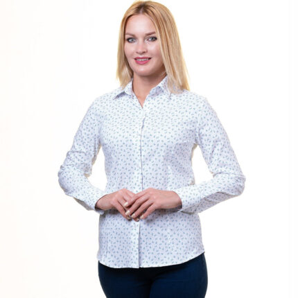 White And Blue Button Up Shirts for Women - Floral Long Sleeve Cotton Shirts for Formal & Casual - Celino Corp.