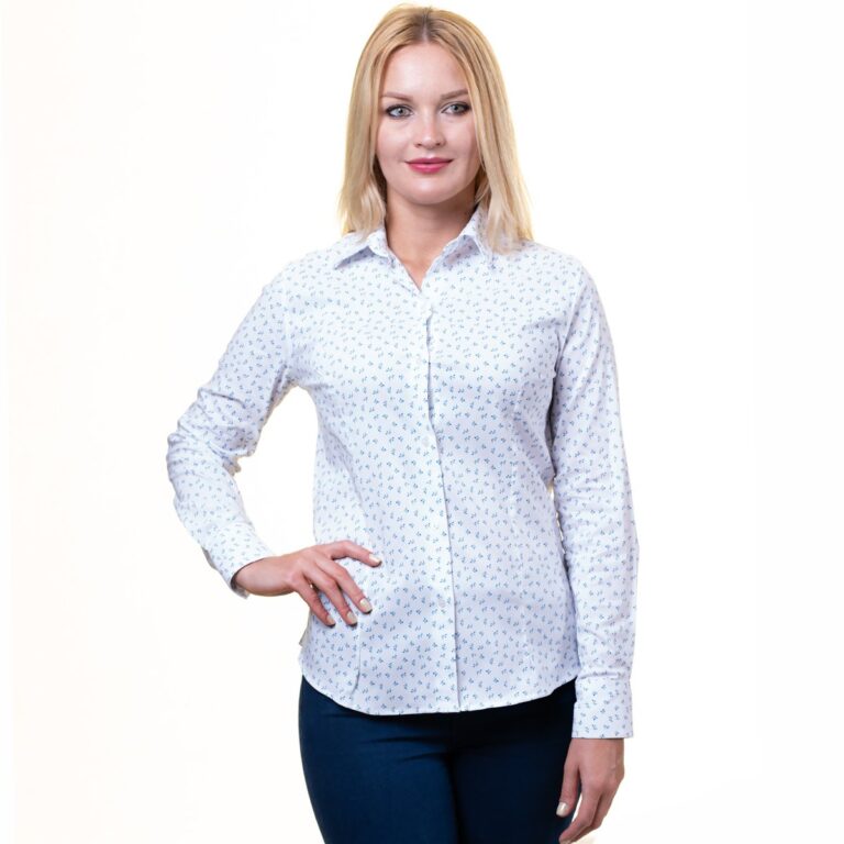 White And Blue Button Up Shirts for Women - Floral Long Sleeve Cotton Shirts for Formal & Casual - Celino Corp.