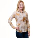 Printed Tan Button Up Shirts for Women - Floral Long Sleeve Cotton Shirts for Formal & Casual - Celino Corp.
