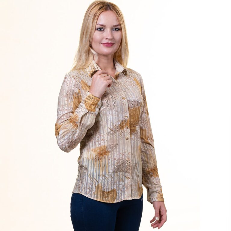 Printed Tan Button Up Shirts for Women - Floral Long Sleeve Cotton Shirts for Formal & Casual - Celino Corp.