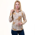 Printed Tan Button Up Shirts for Women - Floral Long Sleeve Cotton Shirts for Formal & Casual - Celino Corp.