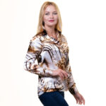 Printed Tan Button Up Shirts for Women - Floral Long Sleeve Cotton Shirts for Formal & Casual - Celino Corp.