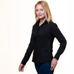 Womens Button Down V Neck Shirts Long Sleeve Blouse Roll Up Sleeve Casual Work Jet Black - Image 2
