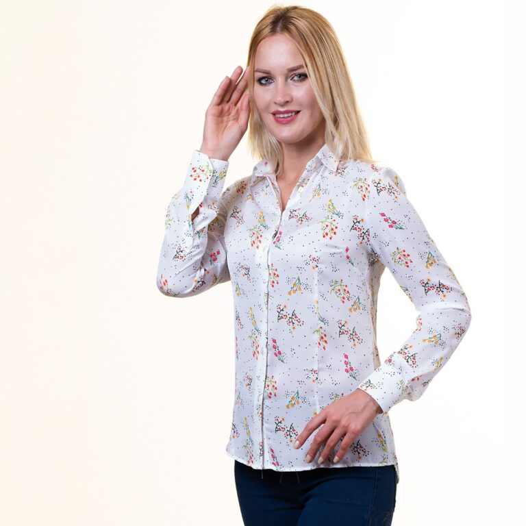Plus Size Womens Slim-Fit Long Sleeve White Printed Button Down Collar Office Formal Casual Shirt - Celino Corp.
