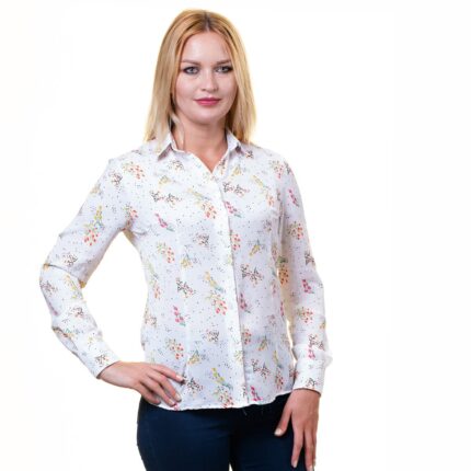Plus Size Womens Slim-Fit Long Sleeve White Printed Button Down Collar Office Formal Casual Shirt - Celino Corp.
