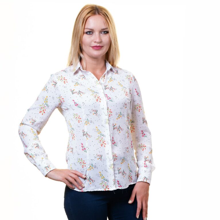 Plus Size Womens Slim-Fit Long Sleeve White Printed Button Down Collar Office Formal Casual Shirt - Celino Corp.