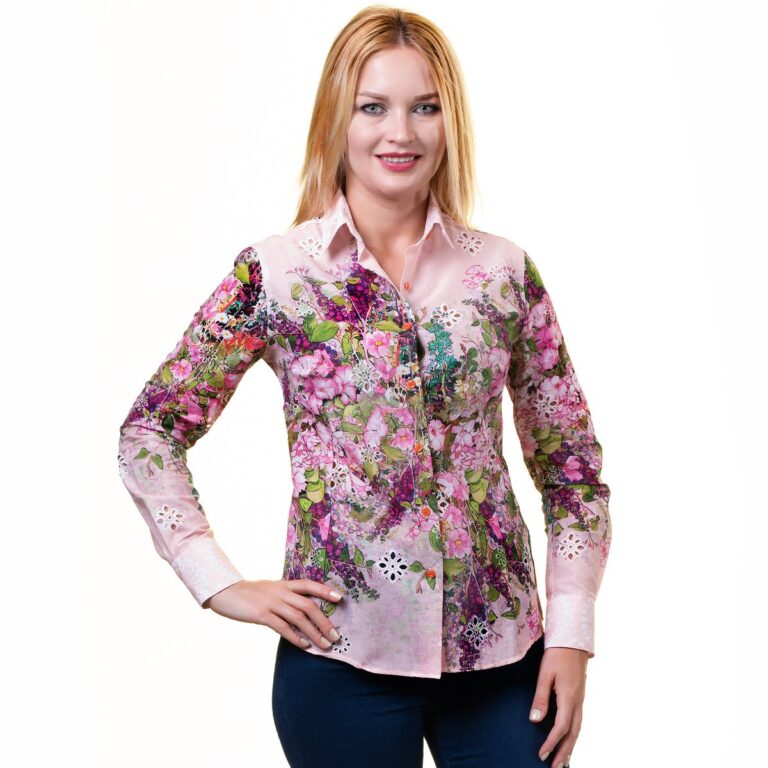 Pink With Multicolor Floral Button Up Shirts for Women - Floral Long Sleeve Cotton Shirts for Formal - Celino Corp.