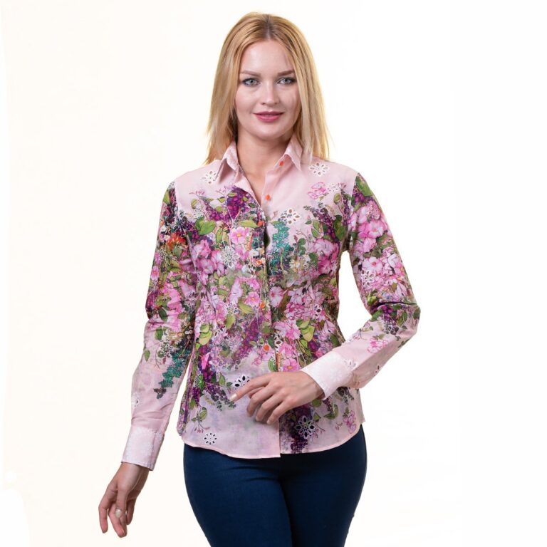 Pink With Multicolor Floral Button Up Shirts for Women - Floral Long Sleeve Cotton Shirts for Formal - Celino Corp.