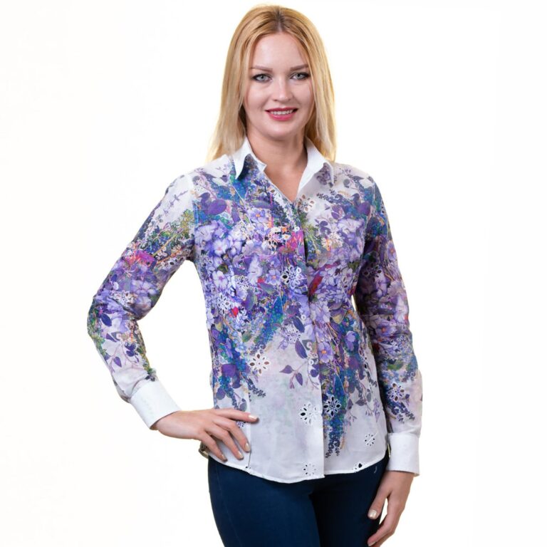 Light Grey With Blue & Multicolor White Floral Button Up Shirts for Women - Floral Long Sleeve - Celino Corp.