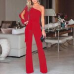 Women's Red Long Trousers One Shoulder Falbala Sleeveless Jumpsuit - Celino Corp.
