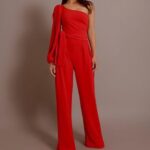 Women's Red Long Trousers One Shoulder Falbala Sleeveless Jumpsuit - Celino Corp.