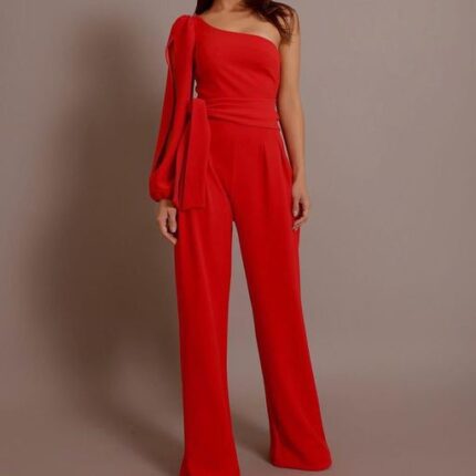 Women's Red Long Trousers One Shoulder Falbala Sleeveless Jumpsuit - Celino Corp.