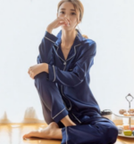 Blue-Spring Autumn Long Sleeve Women Pure Color Like Silk Sleepsuit - Image 3