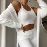 White -3Piece Fashion women Pure Color Sleepsuit - Image 3